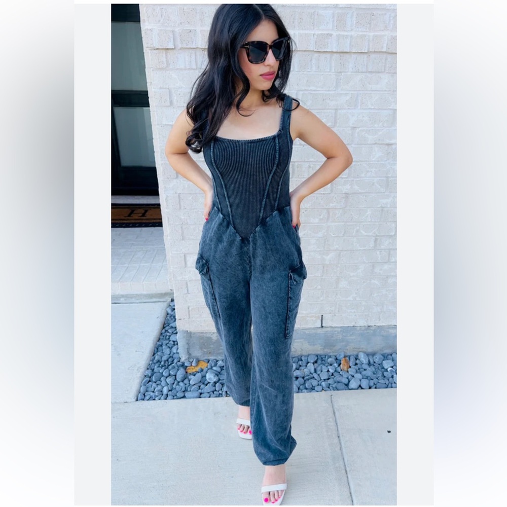 J. Her Mineral Wash Black Cargo Jumpsuit, Large